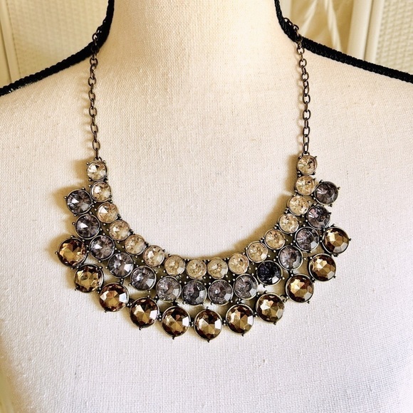 Necklace Crystal Triple Row Clear Smokey and Amber Adjustable Length Statement - Picture 3 of 11